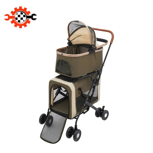 Foldable I YAN pet stroller for small and medium pets with sunshade, cushions, 2-tier design, safety locks, ideal for travel.