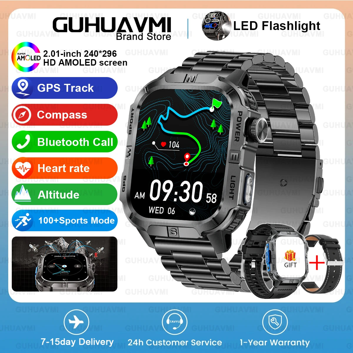 New Dual-Band Satellite GPS Smart Watch Men 2.01'' HD Screen Compass Military Flashlight Watches Waterproof Swim Smart Bracelet