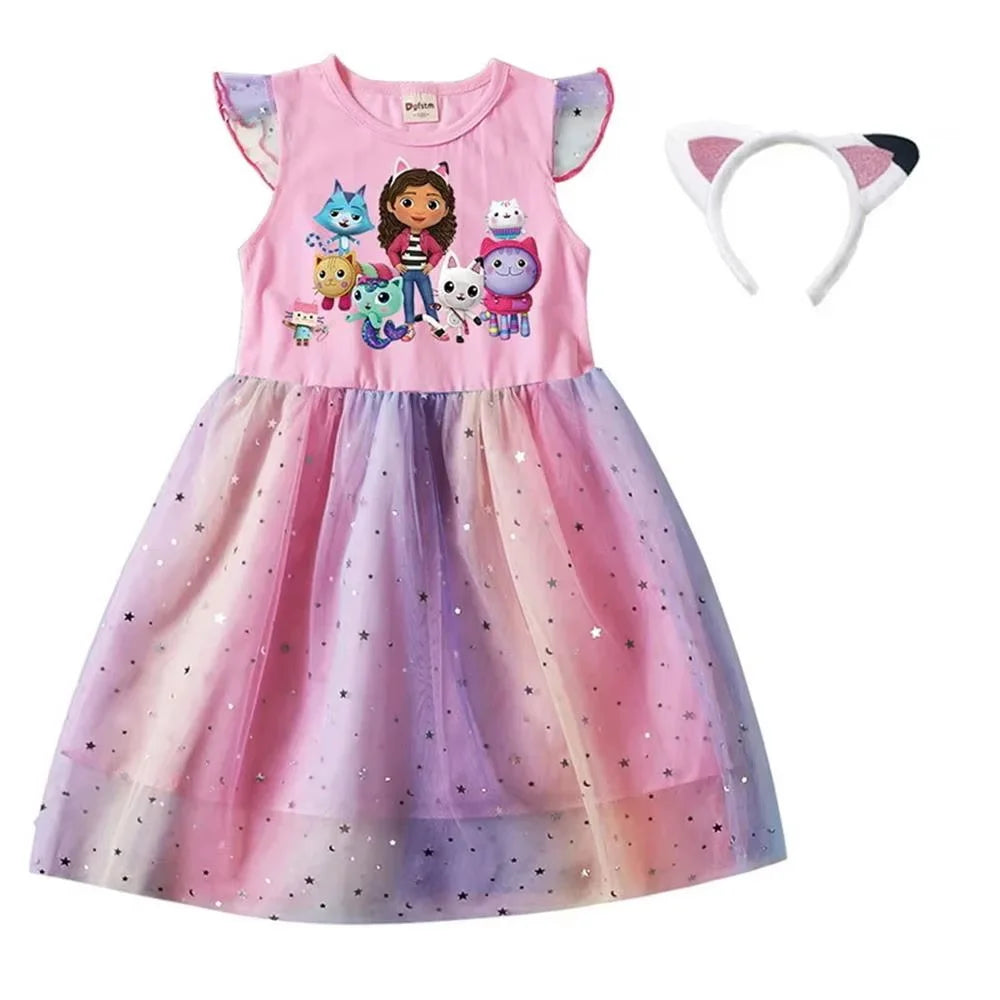 Summer Girls Daily Dresses Fly-sleeve Mesh Star Princess Dress Children's Cartoon Gaby Cosplay Costume+Headband Birthday Gift