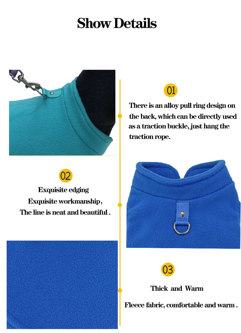 Warm fleece dog jacket by I YAN with D-ring for small dogs and cats, featuring a cozy vest and costume design for French Bulldogs and Chihuahuas.
