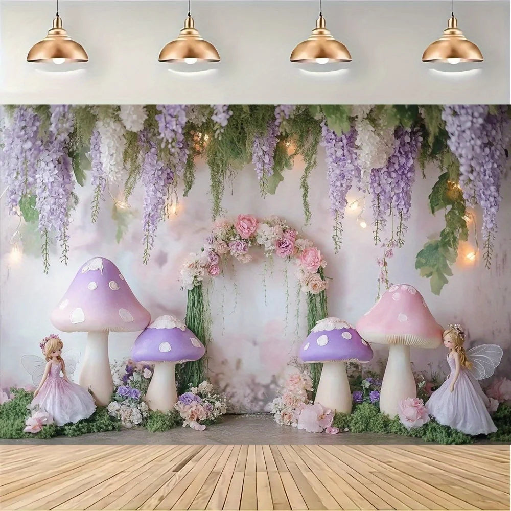 1 fantasy fairy photography background with purple mushrooms, charming forest atmosphere, and whimsical party decorationsL
