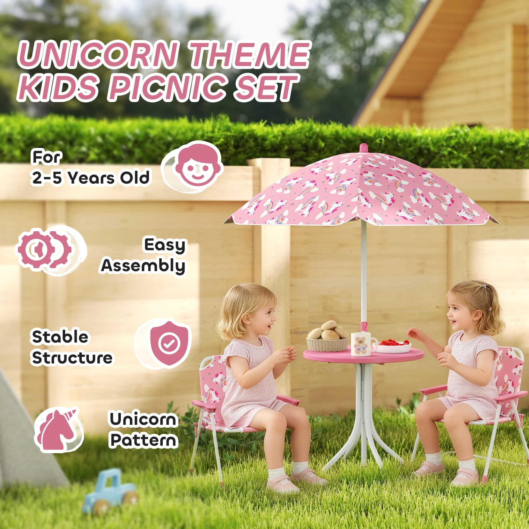 Pink Qaba Kids Picnic Table and Chair Set with two folding chairs and umbrella, ideal for backyard, garden, or patio.