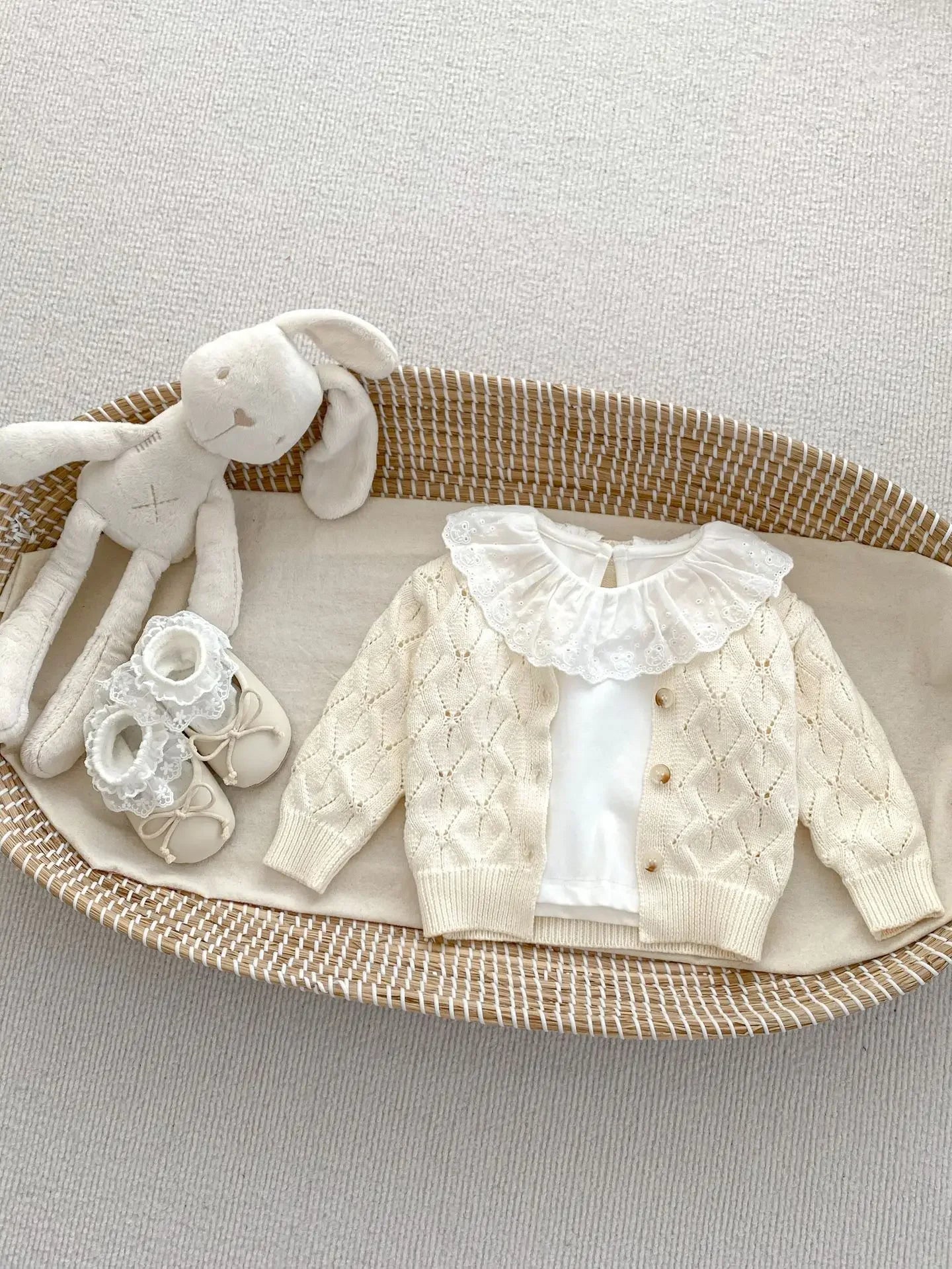 Baby Girl Knit Cardigan & Shorts Set – Hollow-Out Sweater 2-Piece Outfit - I YAN