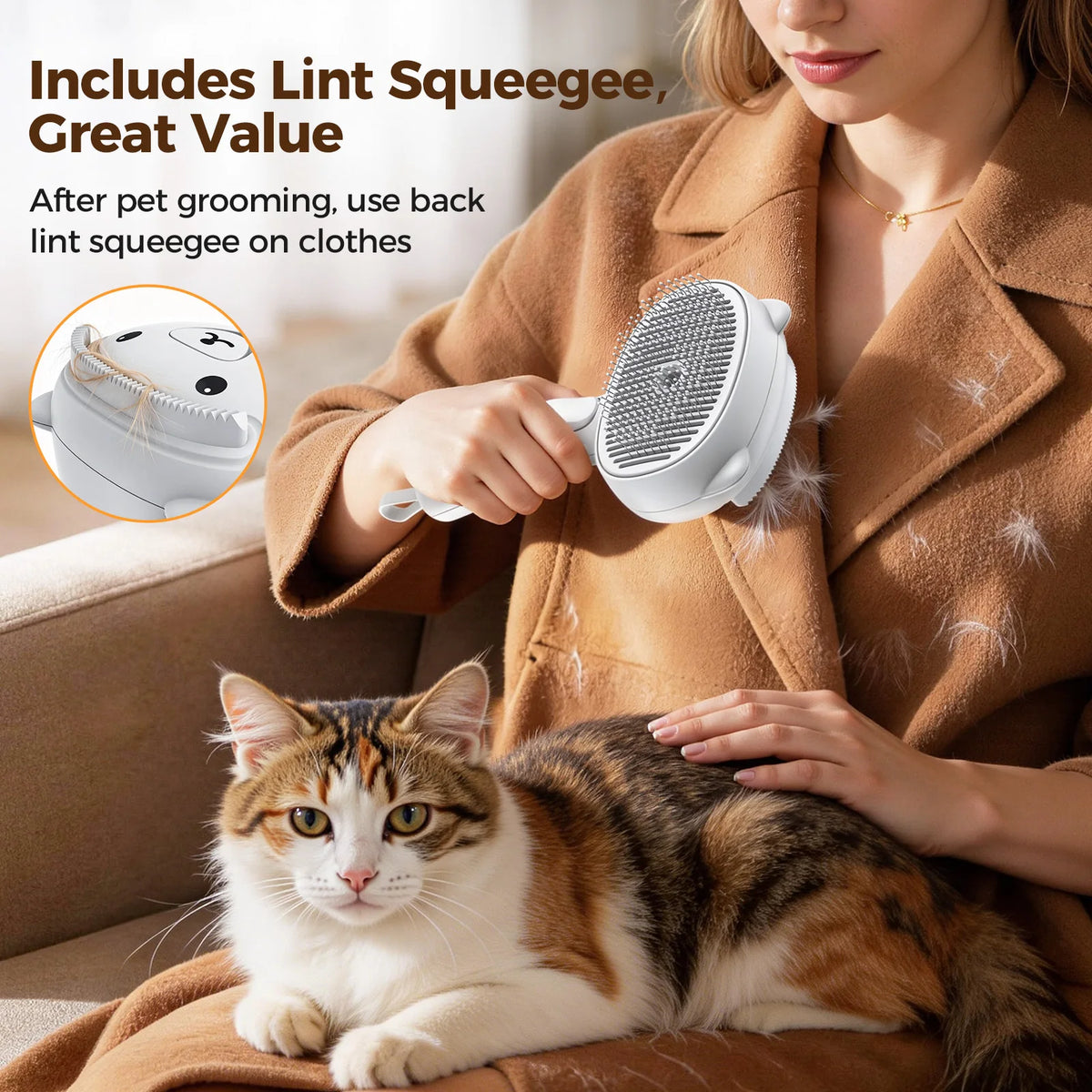 I YAN self-cleaning shedding steam cat and dog brush with silicone scraper, rechargeable USB, white grooming tool for pet shedding.