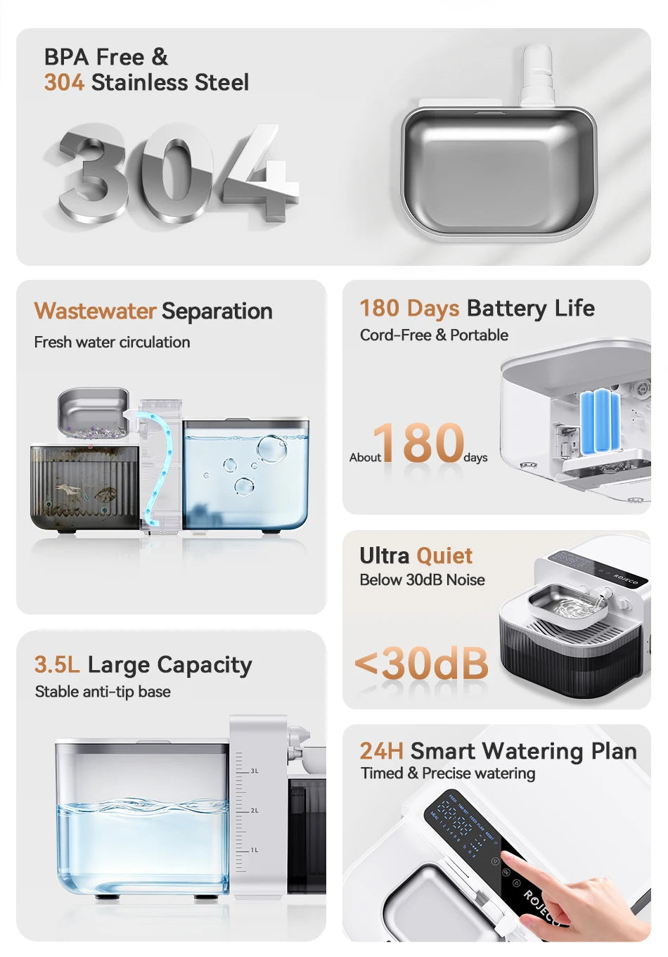 3.5L Wireless Cat Water Fountain – 180-Day Battery, Ultra-Quiet & Auto Waste Separation
