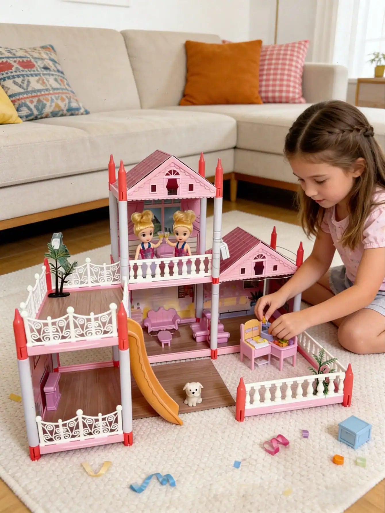 I YAN Villa Dollhouse Playset featuring castle design with furniture, educational puzzle toy for kids, ideal Children's Day gift