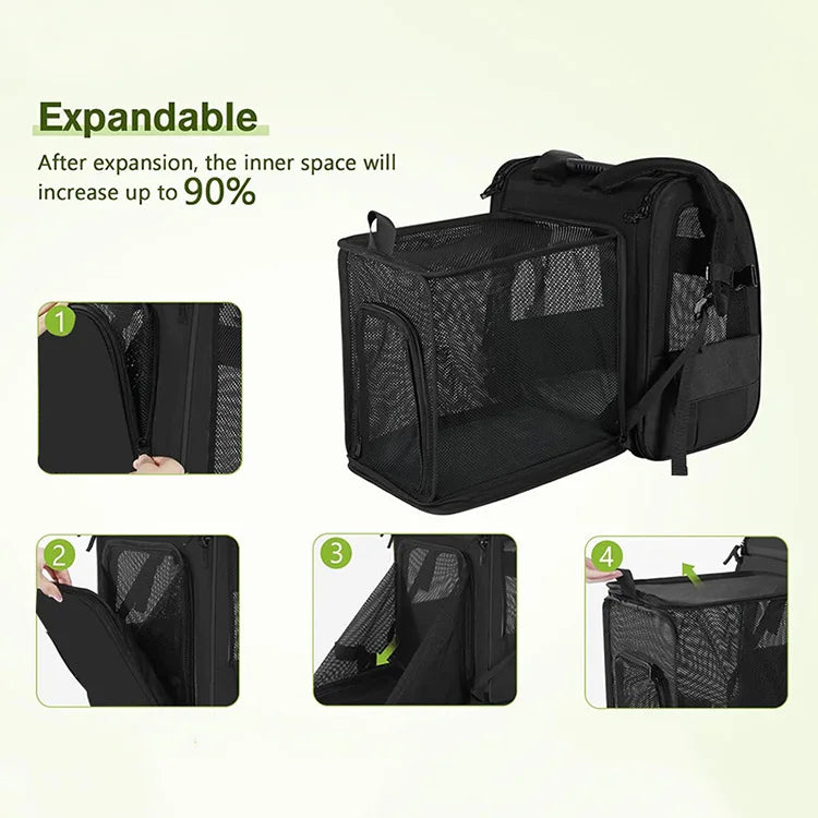 Expandable I YAN cat carrier backpack with shade cover and breathable mesh for travel with cats or small dogs.