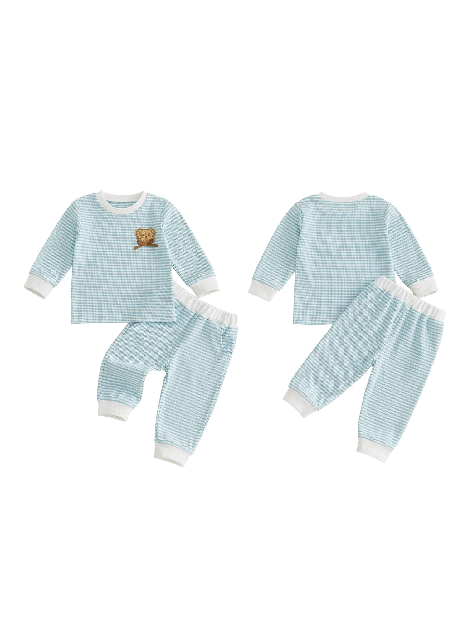 I YAN toddler striped print crew neck shirt with embroidery and bear design, featuring a high-quality striped neck and fall-inspired style.