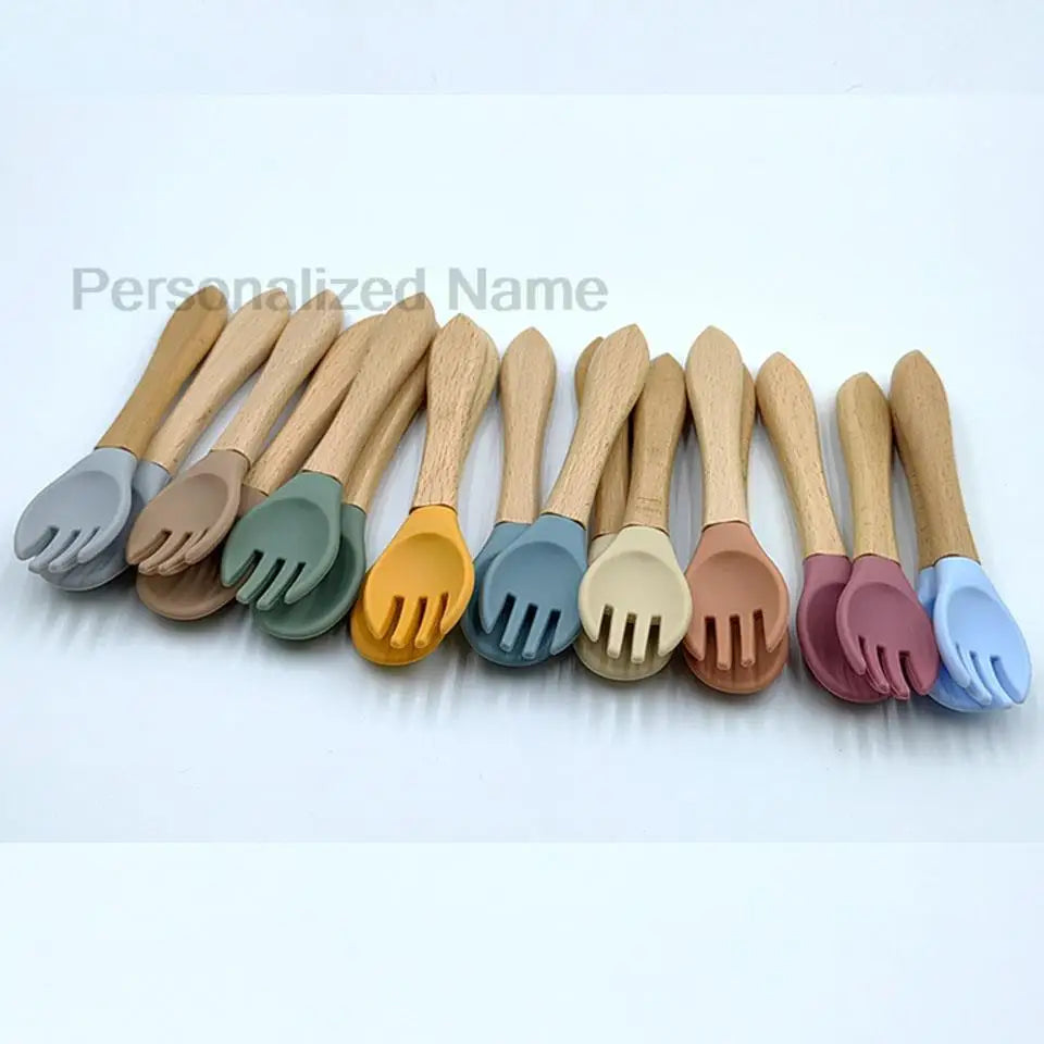 Baby Silicone Spoon & Fork Set – Soft BPA-Free Feeding Utensils with Wooden Handle - I YAN