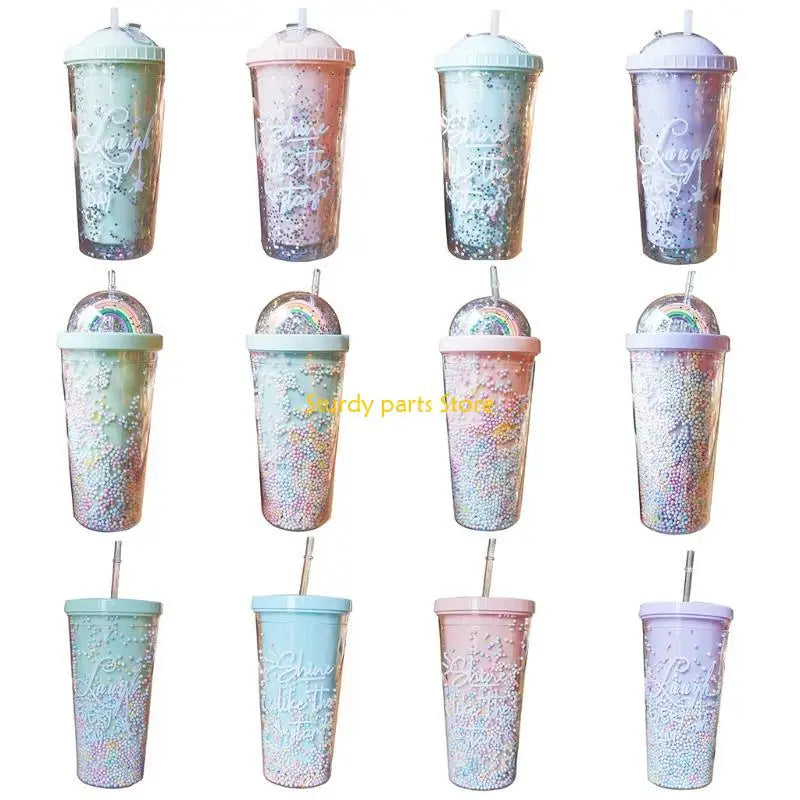 97QC 550ml Rainbow Plastic Water Bottle Double Layer Sequins Drinking Cup with Straw