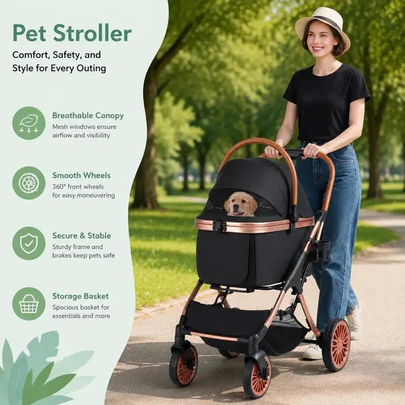 3-in-1 Foldable Pet Stroller with Canopy and Safety Belt, Portable Dog Cat Carrier for Small Medium Pets Up To 55 Lbs, Outdoor Walking Travel Gear, Black