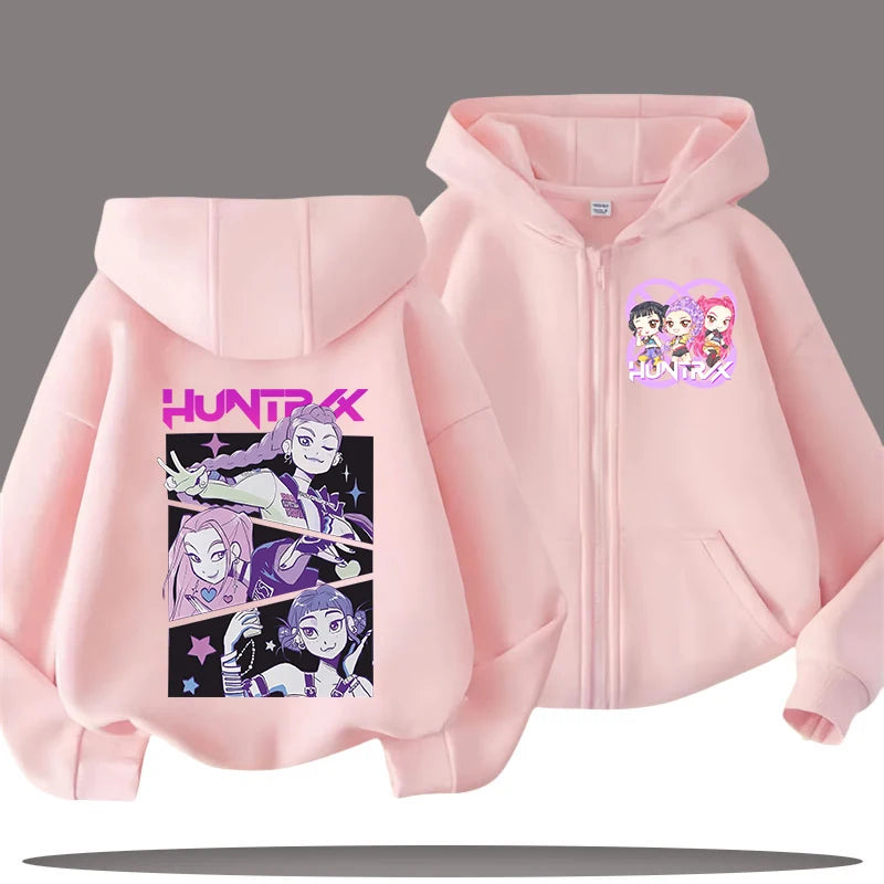 K-pop Demon Hunters Hooded Coat for Child Anime Huntrix Rumi Zoey Cartoon Fashion Zip Jacket Boy Girl Cute Top Kids Clothes Gift