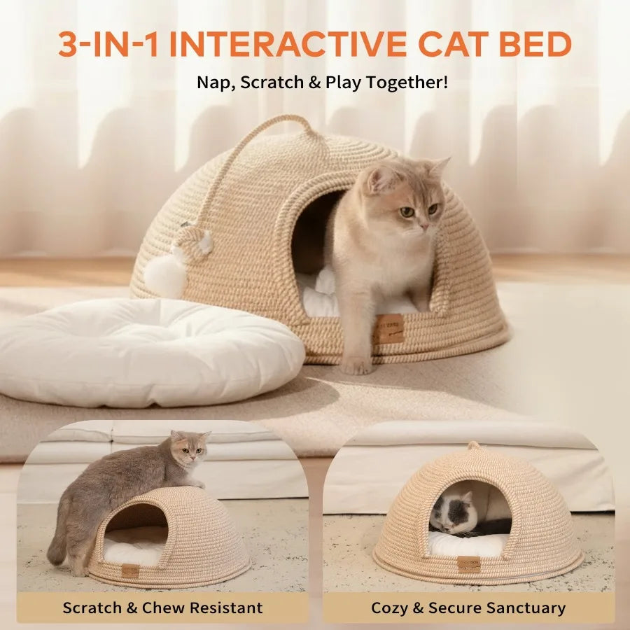 Cat Cave Bed with Cushion, 21*21in All-Season Large Cats House Tent with Toy Ball for Indoor