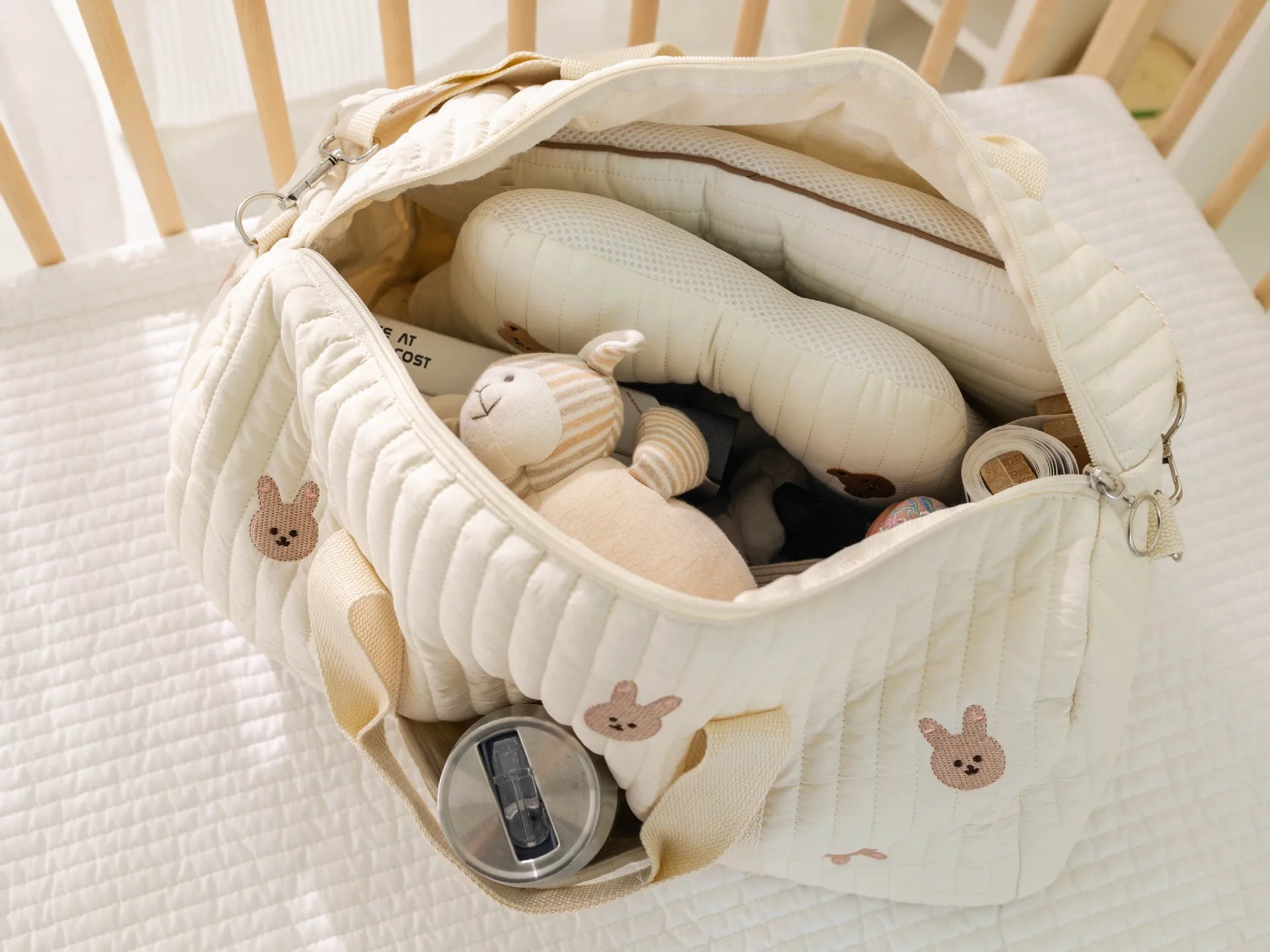 I YAN Mommy Bear Maternity Diaper Bag with stroller straps, multiple compartments, portable tote for baby essentials and travel.