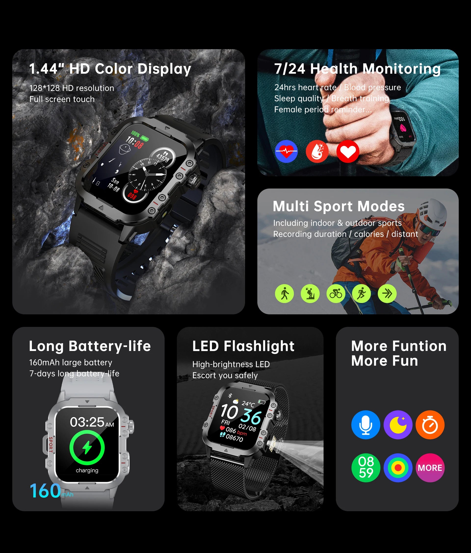 Smart Watch Android Phone 1.44'' Inch Color Screen Bluetooth Call Blood Oxygen/Pressure Monitoring Smart Watch Women Men