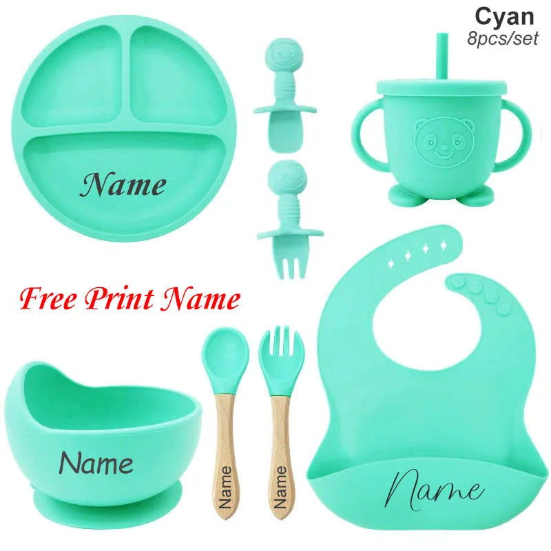 Personalized Baby Feeding Set 8-Piece – Silicone Plate Bowl Cup & Bib with Free Name Print - I YAN