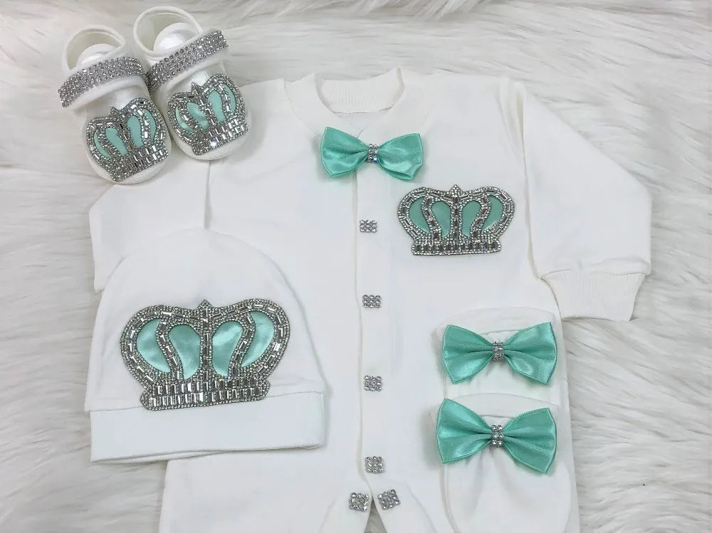 Luxury Newborn Baby Romper Set 4-Piece – Crystal Crown Layette for Photography & Coming Home - I YAN
