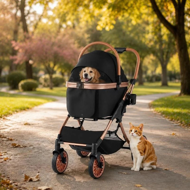 3-in-1 Foldable Pet Stroller with Canopy and Safety Belt, Portable Dog Cat Carrier for Small Medium Pets Up To 55 Lbs, Outdoor Walking Travel Gear, Black