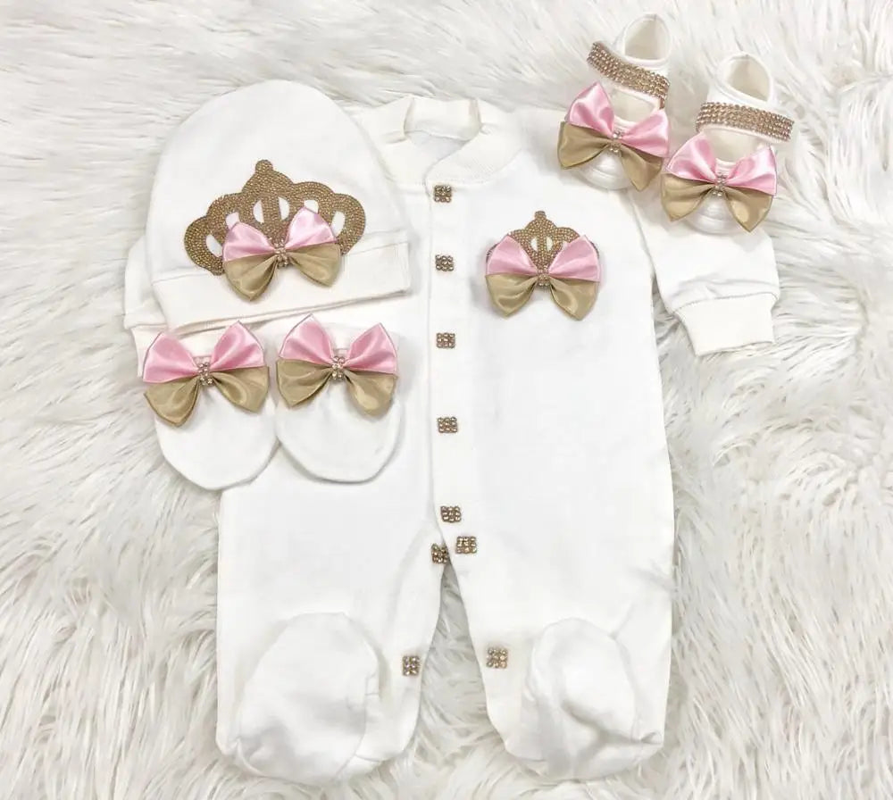 Luxury Newborn Baby Romper Set 4-Piece – Crystal Crown Layette for Photography & Coming Home - I YAN