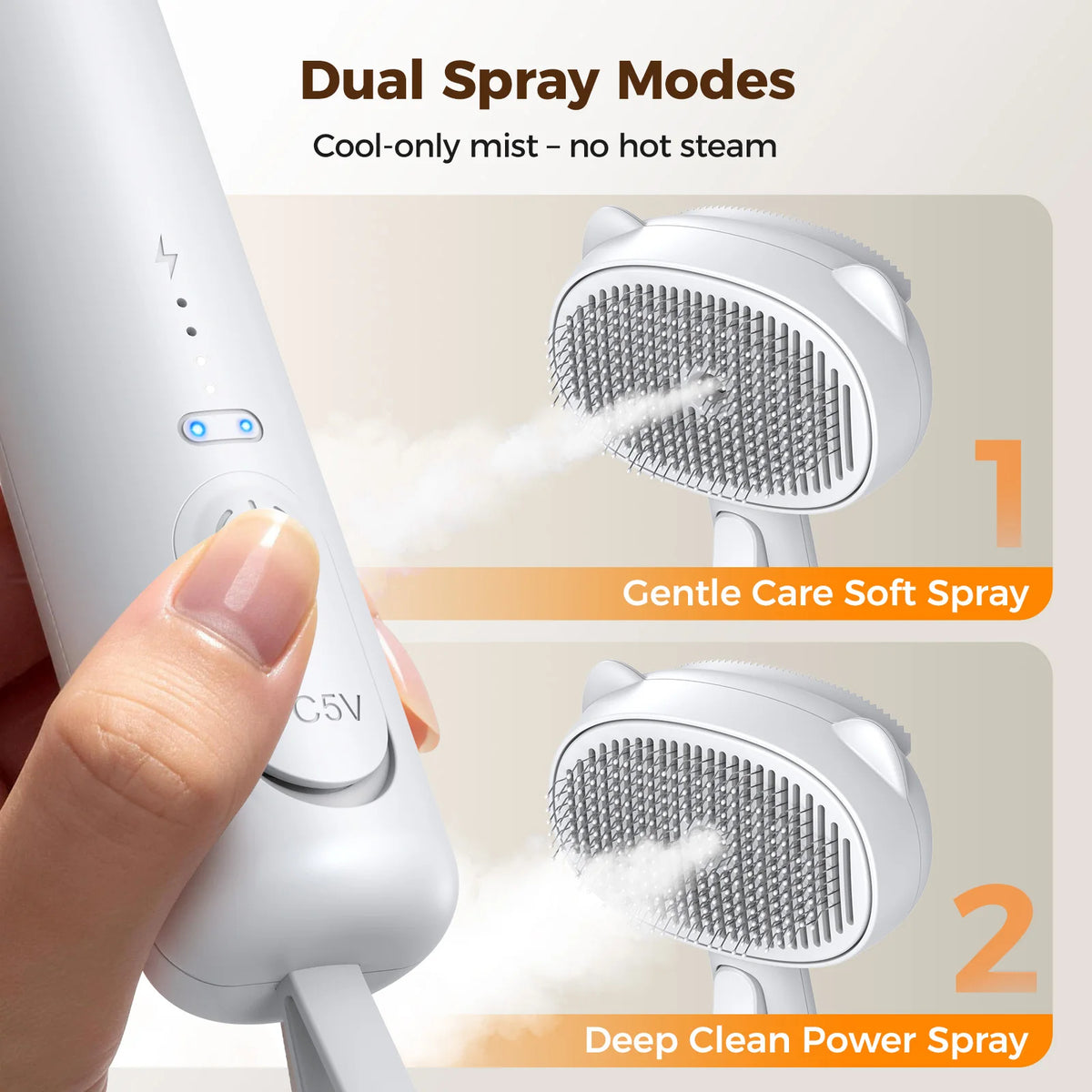 I YAN Self Cleaning Shedding Steam Cat Brush with silicone scraper, USB rechargeable, white dog and cat grooming brush for shedding.