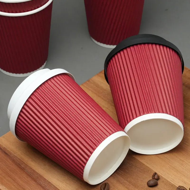 30pcs 8oz  Double-Walled Insulated Corrugated Cardboard Coffee Cups Thickened Disposable Striped Portable Paper Cups With Lids
