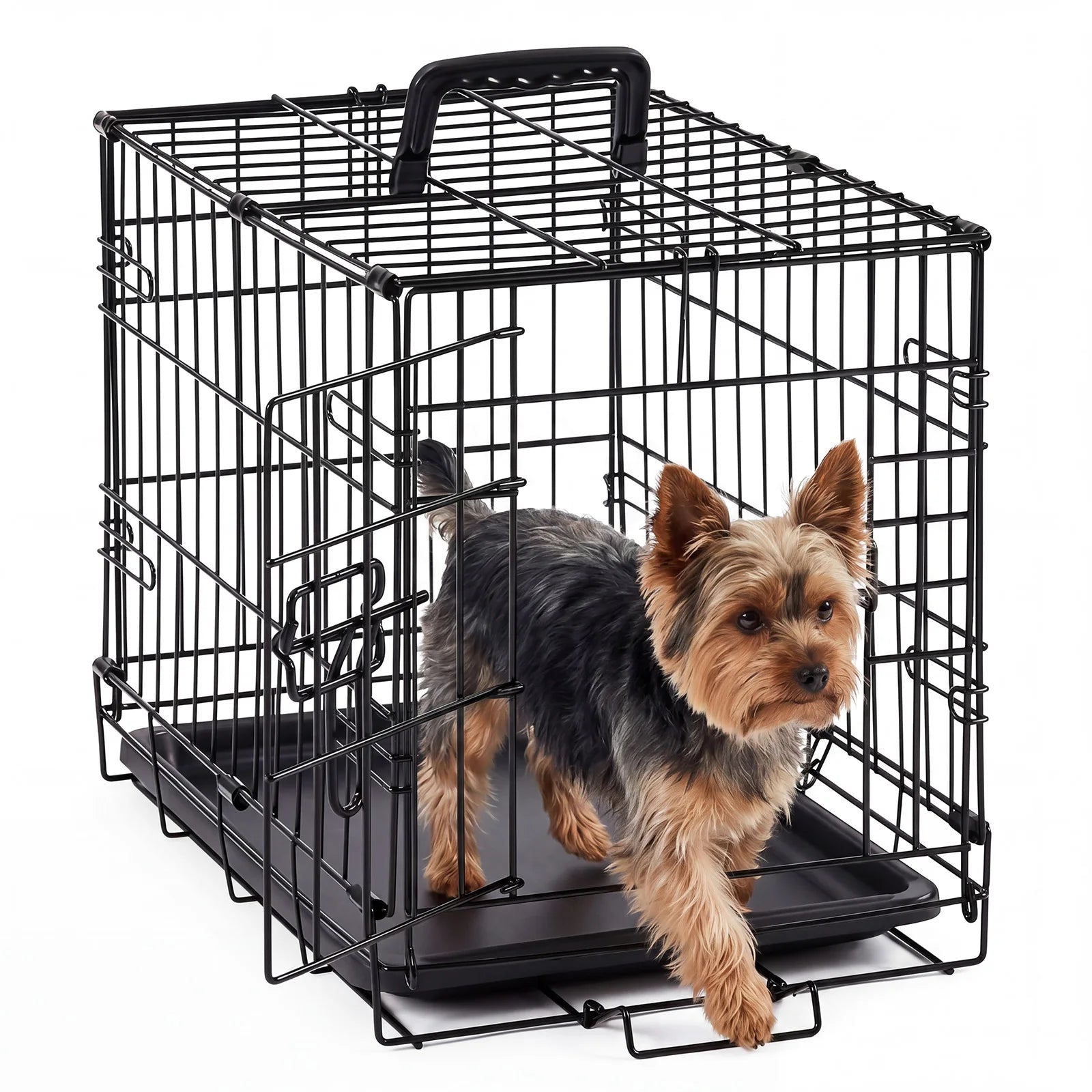 I YAN 18-inch single door metal dog crate with secure lock, foldable design, removable tray, suitable for small dogs and puppies.