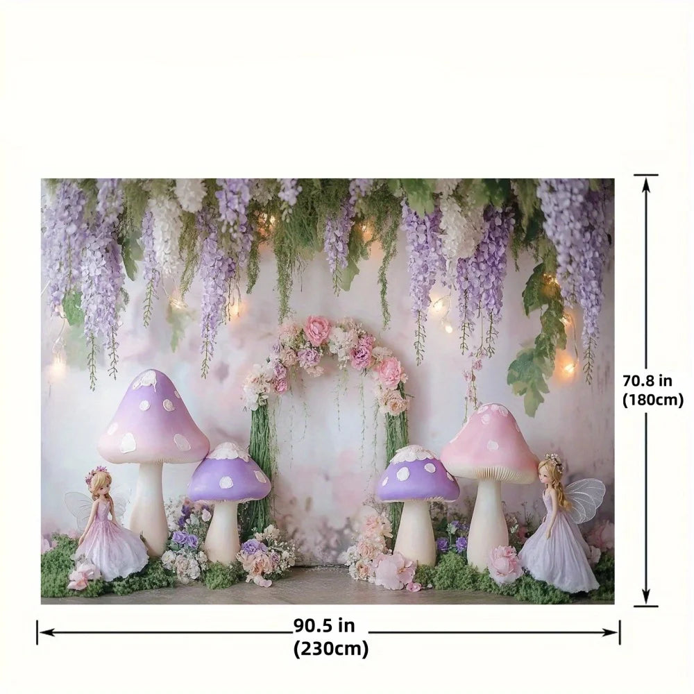 1 fantasy fairy photography background with purple mushrooms, charming forest atmosphere, and whimsical party decorationsL