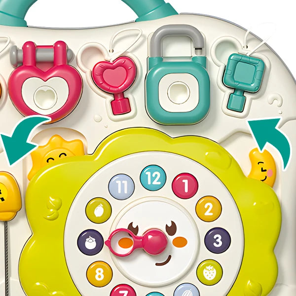 Montessori busy board sensory toy for toddlers with music and LED lights, suitable for 1-3 year old boys and girls.