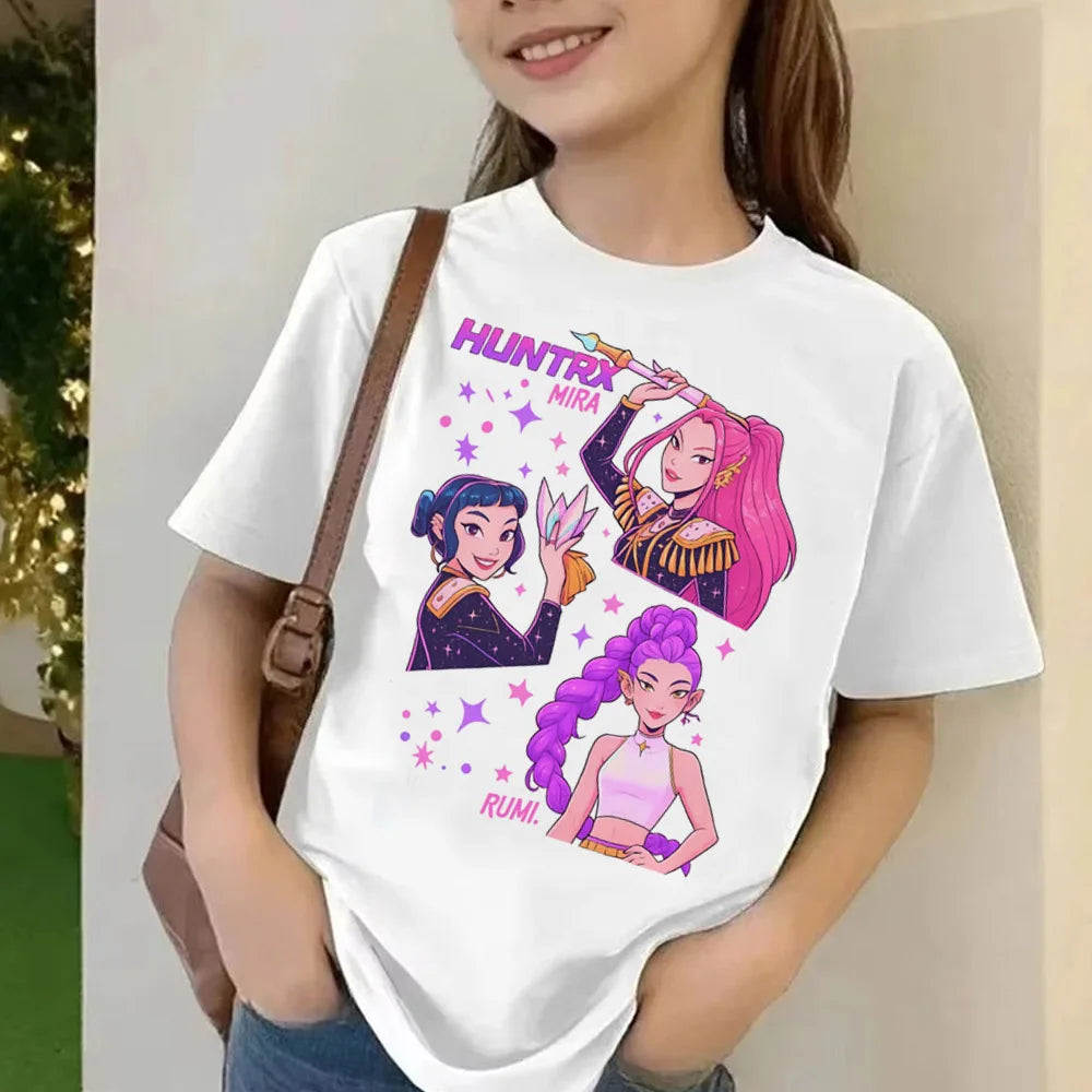 Movie KPop Demon Hunters T-shirt Summer Short Sleeve Tee for Children Casual Loose Girl Boy Graphic Printed Tops