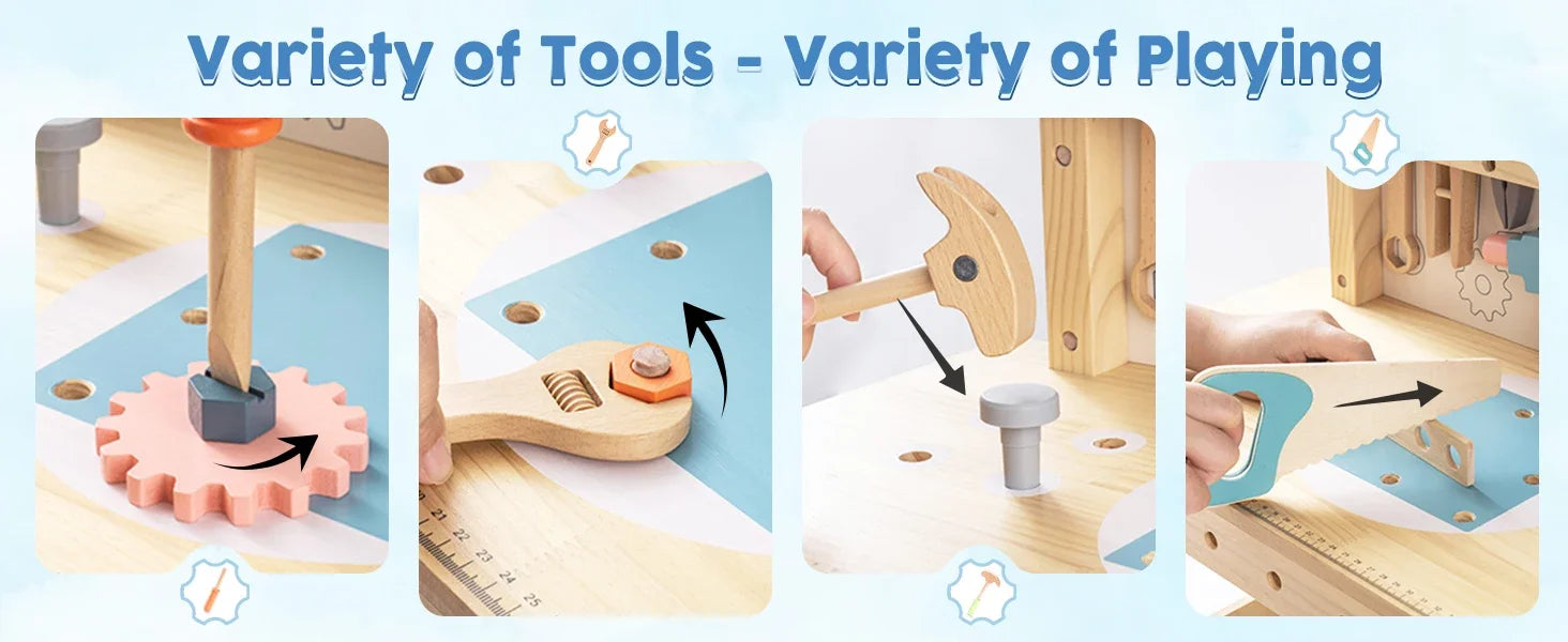 Robotime Robud kids wooden workbench set with toy tools, designed for boys and girls ages 3 and up, featuring a large construction workshop.