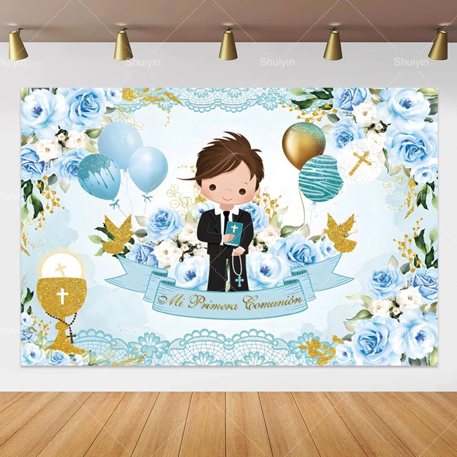Boy Girl First Communion Backdrop Gold Cross Grail God Bless Baptism Party Decor Background Christening Baby Shower Photo Props