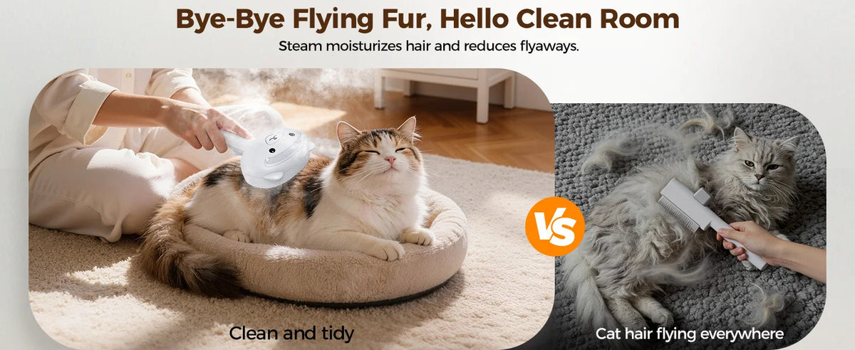 I YAN Self-Cleaning Shedding Steam Cat Brush with silicone scraper, USB rechargeable dog and cat grooming brush in white.