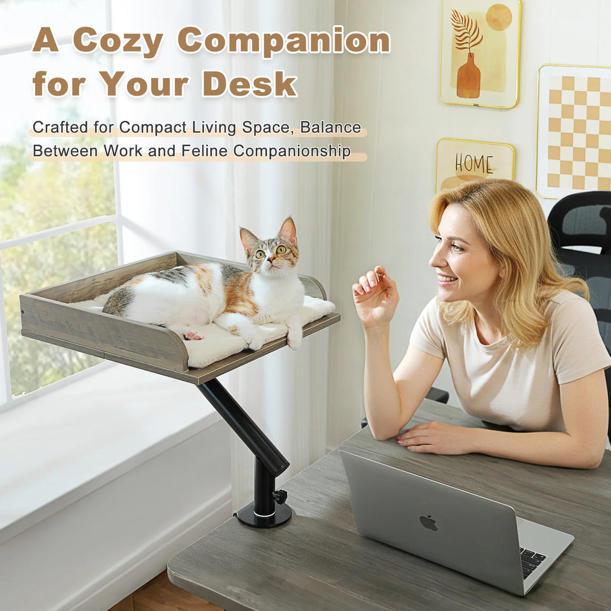 Soft I YAN cat desk bed with 360° rotatable stand, adjustable hammock for indoor cats, perfect for tables and desks.