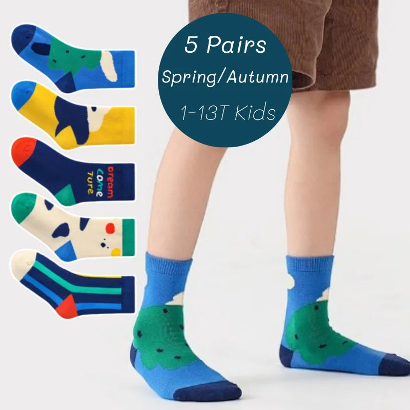5 Pairs Children's' Socks Spring Autumn Cotton Socks Kids Striped Football Pattern Sock 1-14T Boys Mid-calf Length