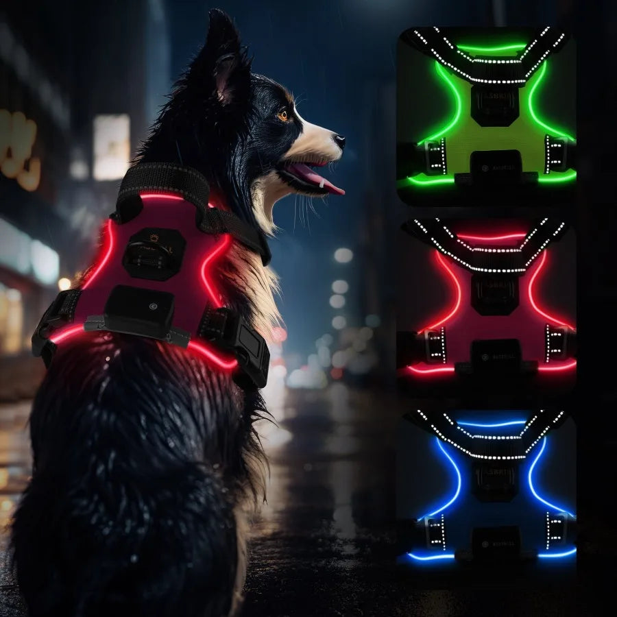 Light Up Dog Harness by I YAN, adjustable LED dog harness with glow vest for small dogs, ideal for night walking and visibility.