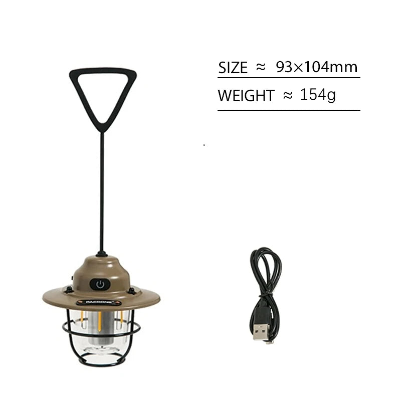 Retro Portable Camping Lantern IPX4 Waterproof Emergency Light Stepless Dimmable Hanging Tent Lamp for Outdoor Hiking