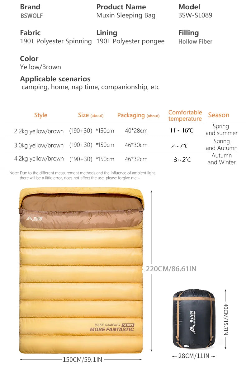 2 Person Camping Sleeping Bag Four Seasons Portable Winter Sleeping Bag for Outdoor Camp Travel Hiking