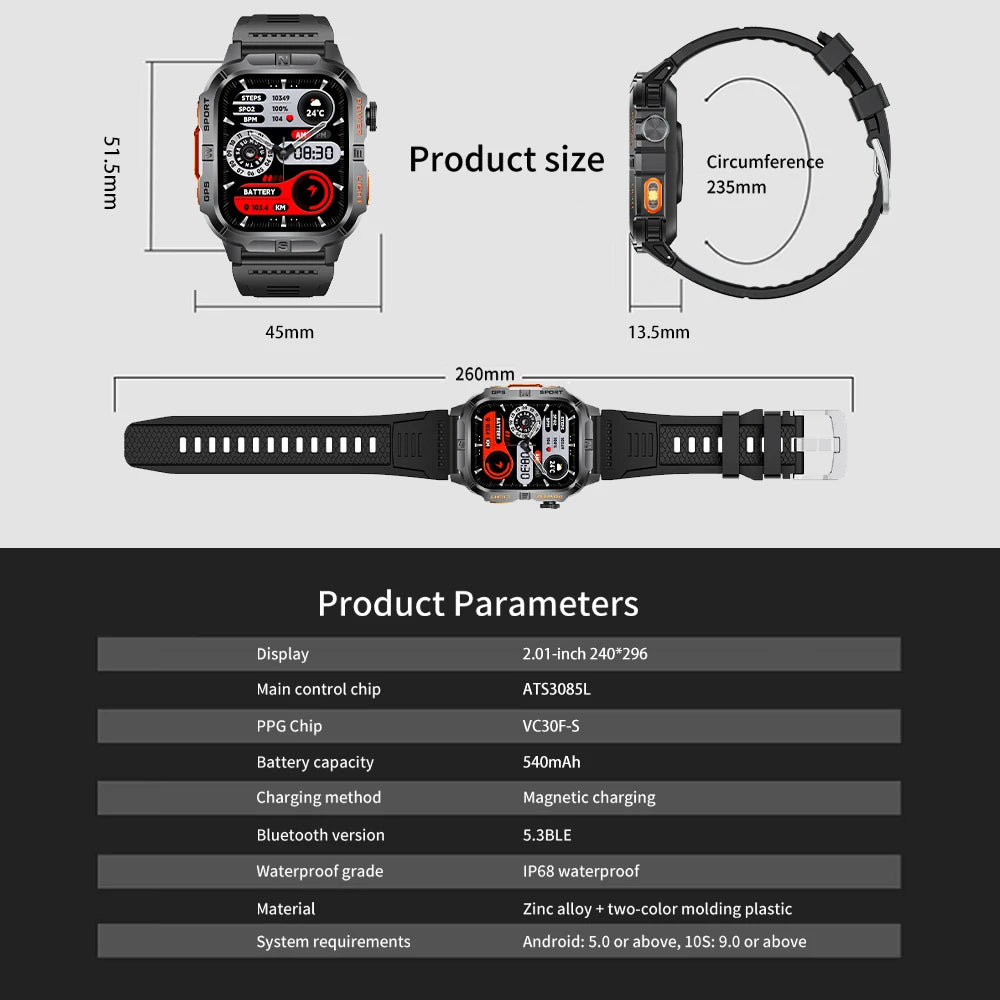 New Dual-Band Satellite GPS Smart Watch Men 2.01'' HD Screen Compass Military Flashlight Watches Waterproof Swim Smart Bracelet
