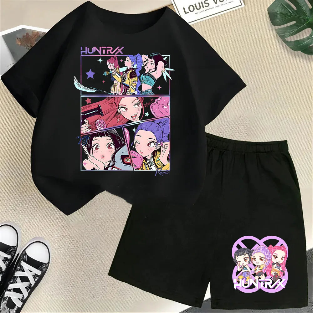 KPop Demon Hunters Saja Boys Kids T-Shirt – Cartoon Print Round Neck Casual Top (2pcs Set) - I YAN