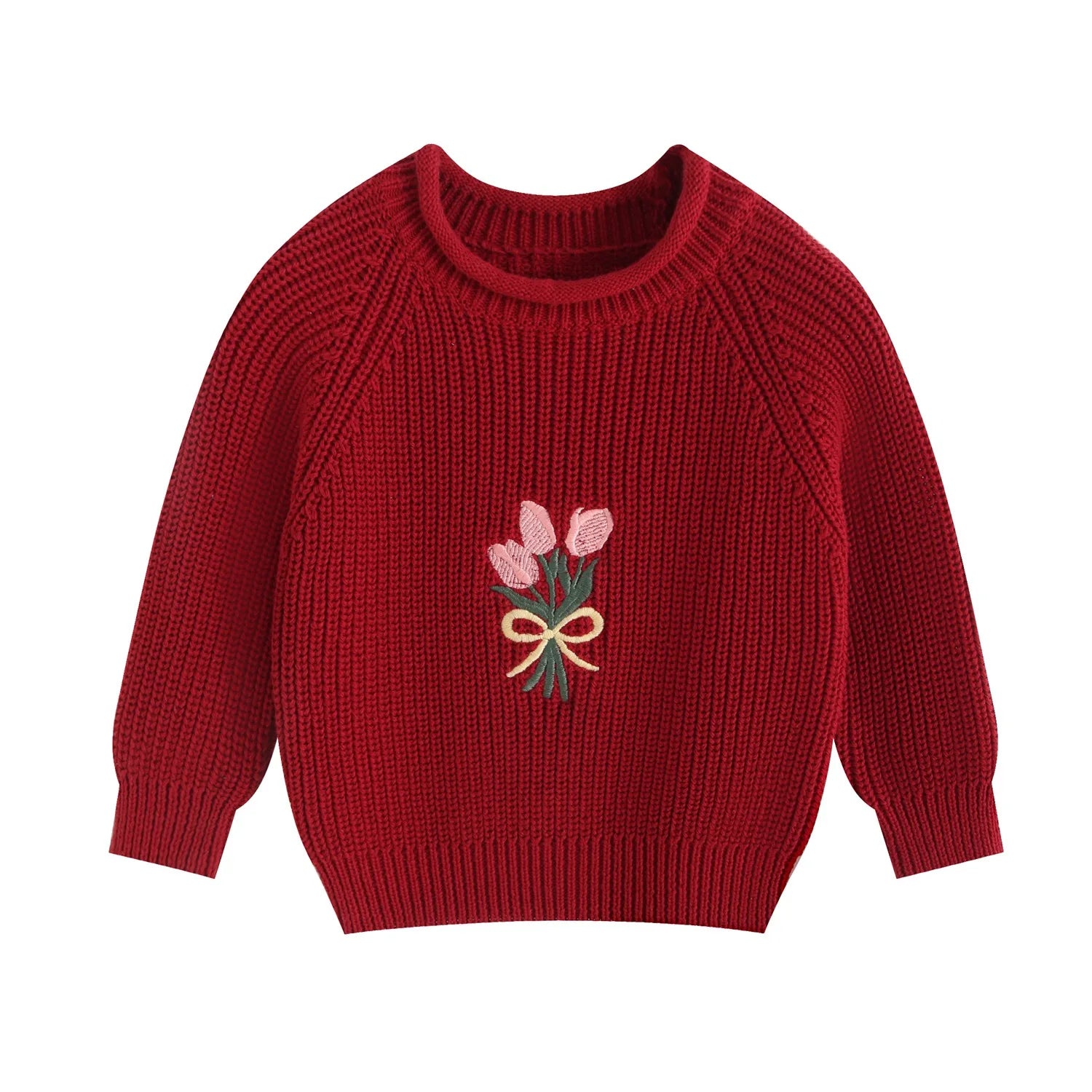 Girl Cotton Knit Pullover Embroidered Tulip Flower Sweater 2026 Spring Autumn 0-5Y Children Long Sleeve Clothing