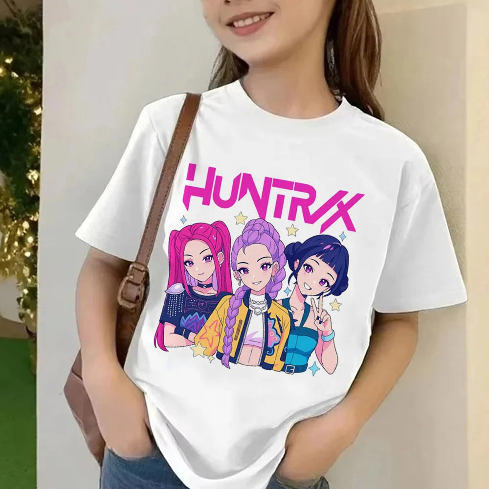 Movie KPop Demon Hunters T-shirt Summer Short Sleeve Tee for Children Casual Loose Girl Boy Graphic Printed Tops