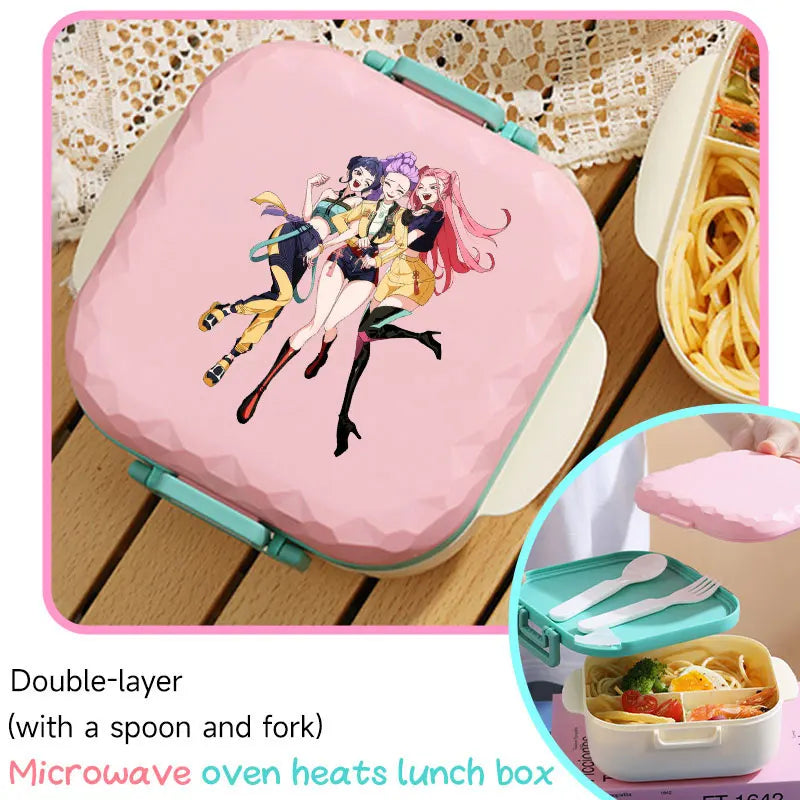 I YAN 800ml BPA-free lunch box with spoon and fork, microwave-safe, portable for students and office workers, featuring KPop design.