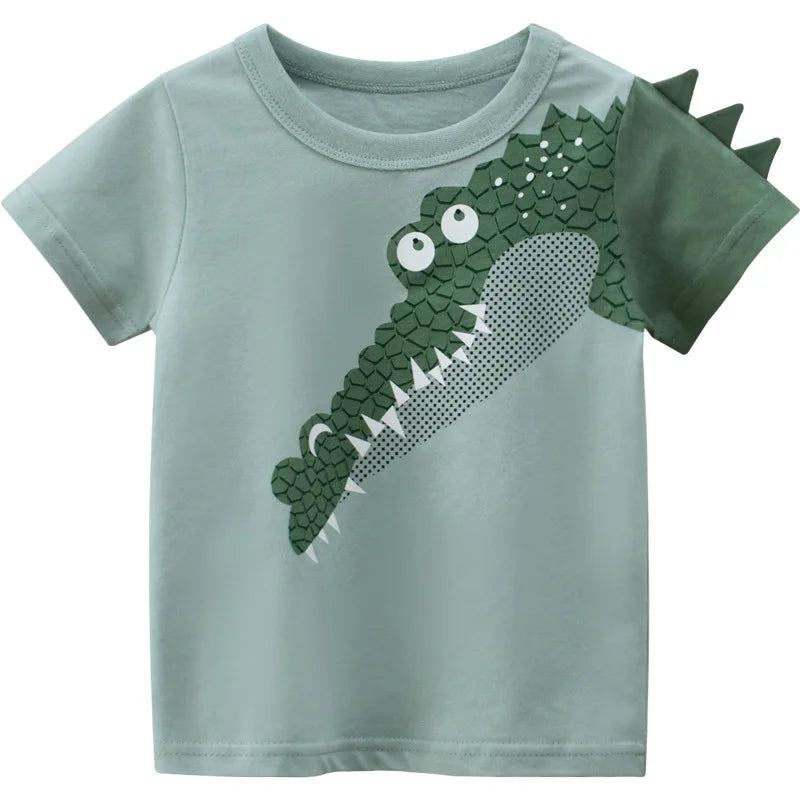 Bright printed cartoon boys T-shirt from I YAN OLEKID 2025 summer collection, short sleeve toddler top for ages 2-8 years.