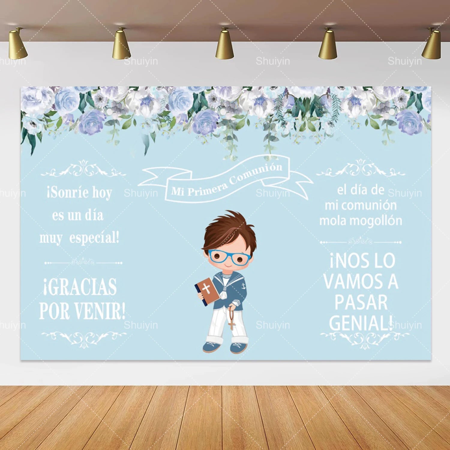 Boy Girl First Communion Backdrop Gold Cross Grail God Bless Baptism Party Decor Background Christening Baby Shower Photo Props