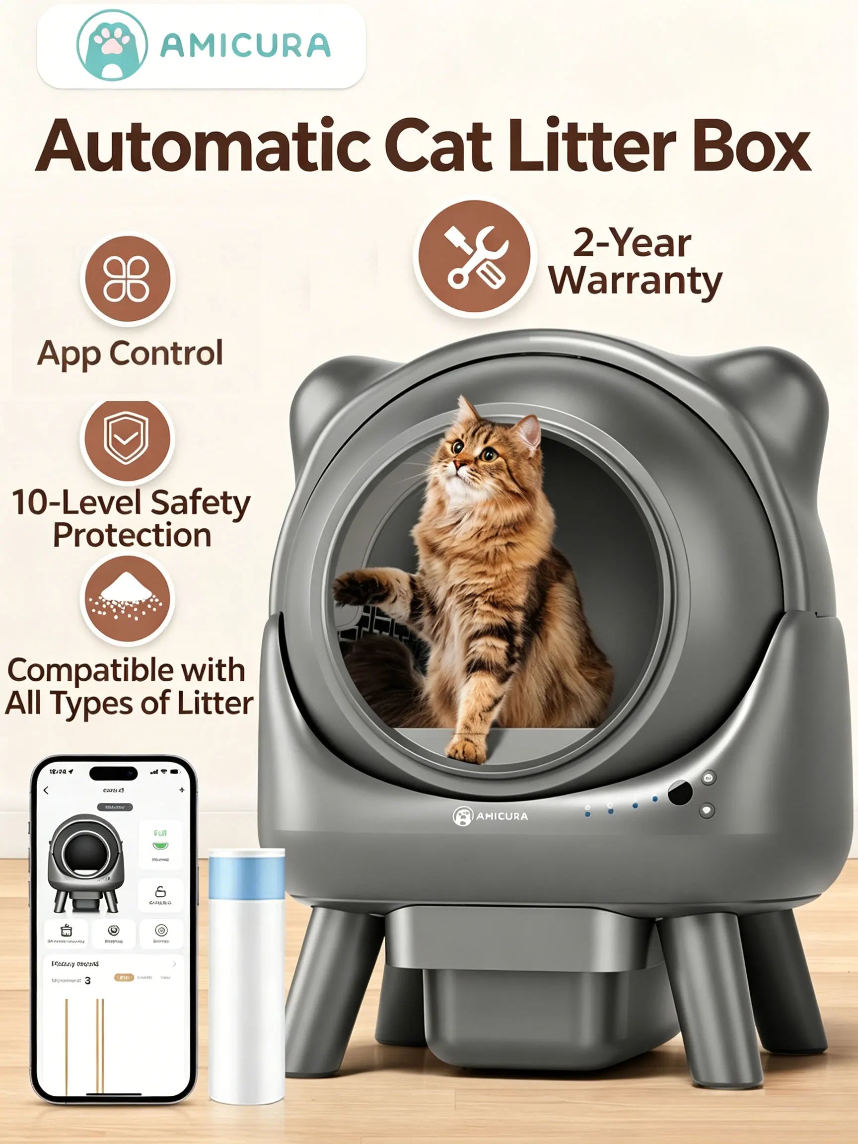 Amicura Cura X1 Automatic Cat Litter Box Self-Cleaning with App Control, Safety Sensor, Easy to Clean Electric Cat Litter Tray