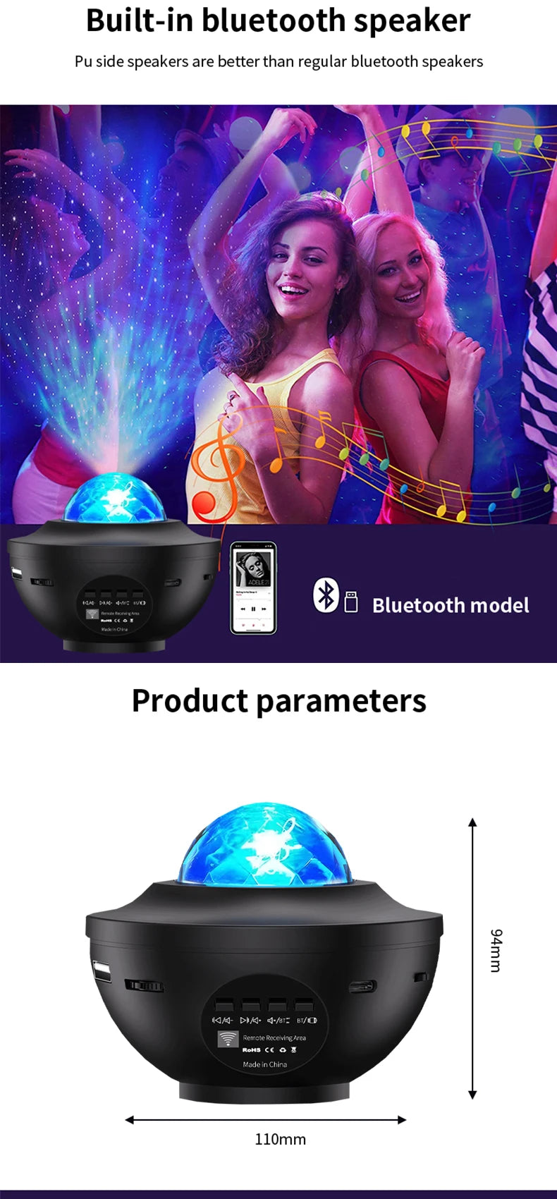 LED Starry Sky Projector Night Light Remote Control Switch USB Music Player Ocean Wave Galaxy Ambient Light Kids Birthday Gift