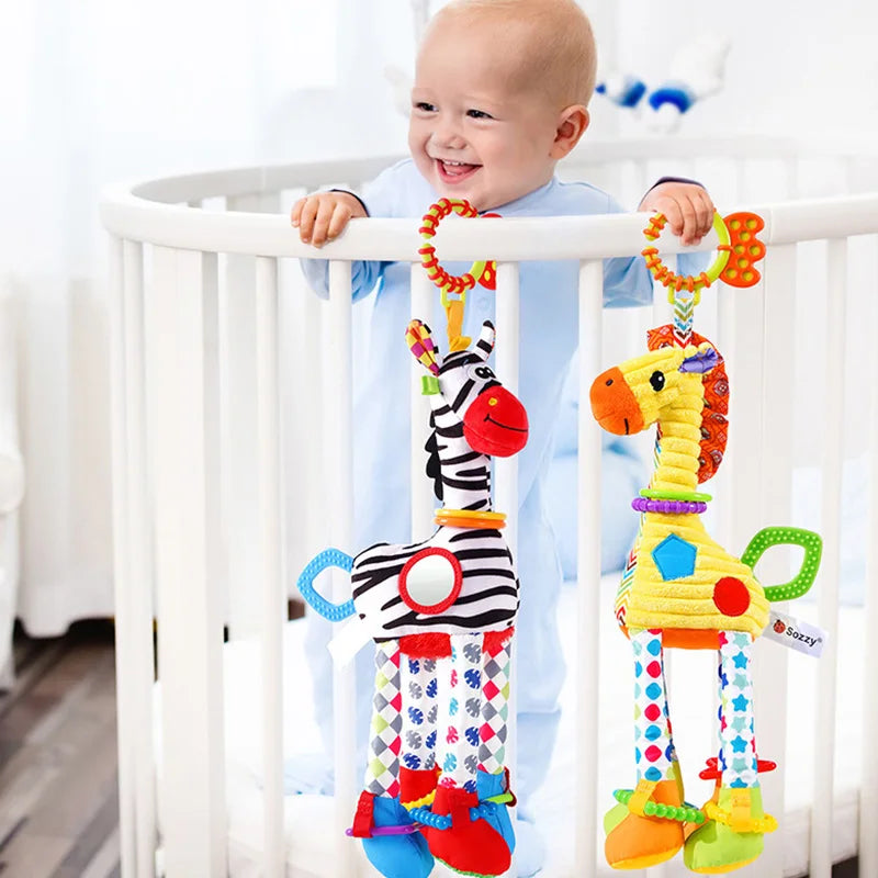 Soft plush giraffe zebra handbells and rattles toy for infants by I YAN, featuring a teether and easy-to-hold handle for baby development.