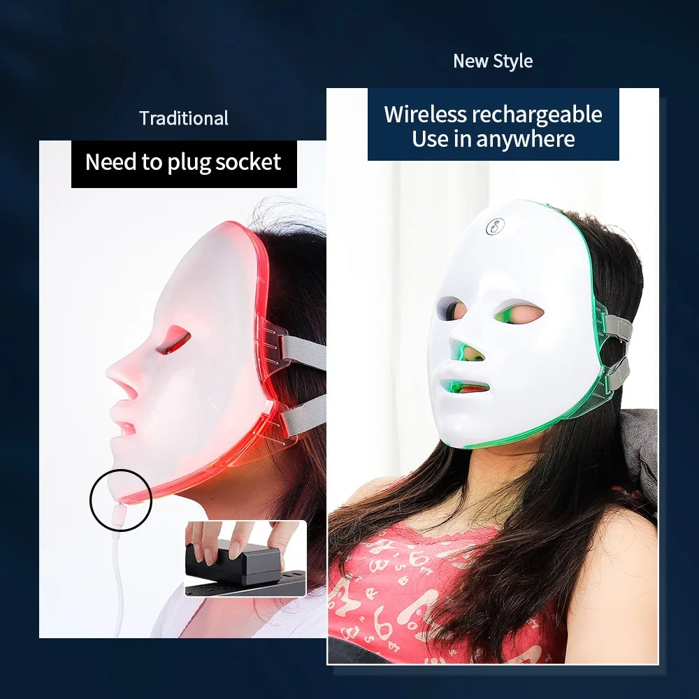 Wireless 7 Colors LED Face Beauty Machine Photon Facial Neck Skin Tighten Rejuvenation Facial Neck Mask