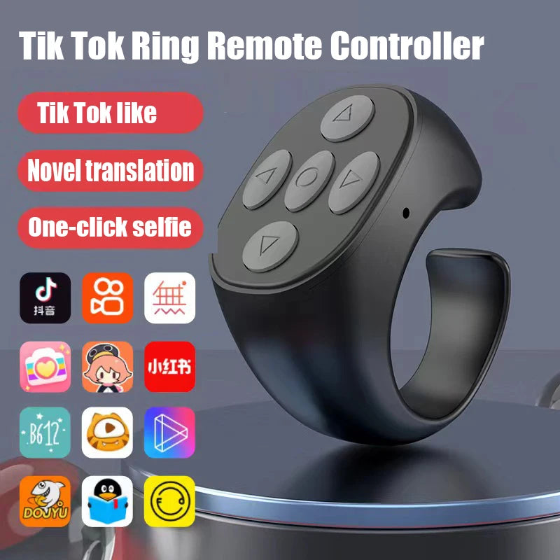 Wireless Bluetooth remote control ring for selfies, compatible with Xiaomi and Apple smartphones, used for TikTok and mobile photography.