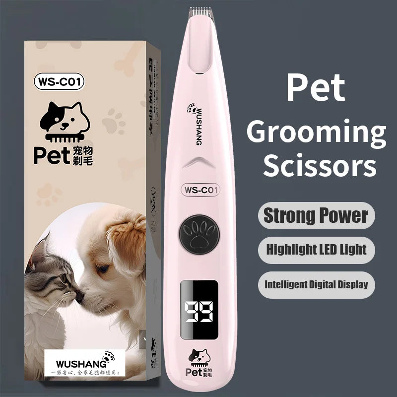 I YAN pet grooming trimmer with LED light, waterproof hair clipper for dogs and cats, featuring low noise and ergonomic design.